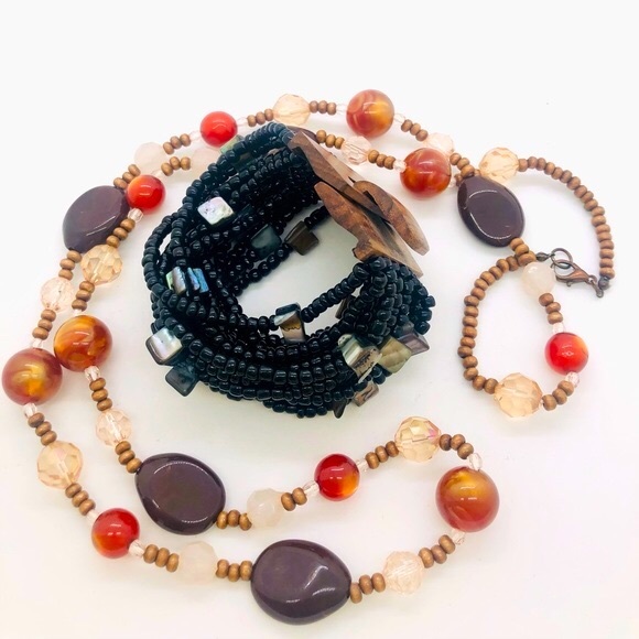 Vintage Glass Bead Necklace & Multi Strand Wood Buckle Bracelet - Picture 7 of 15
